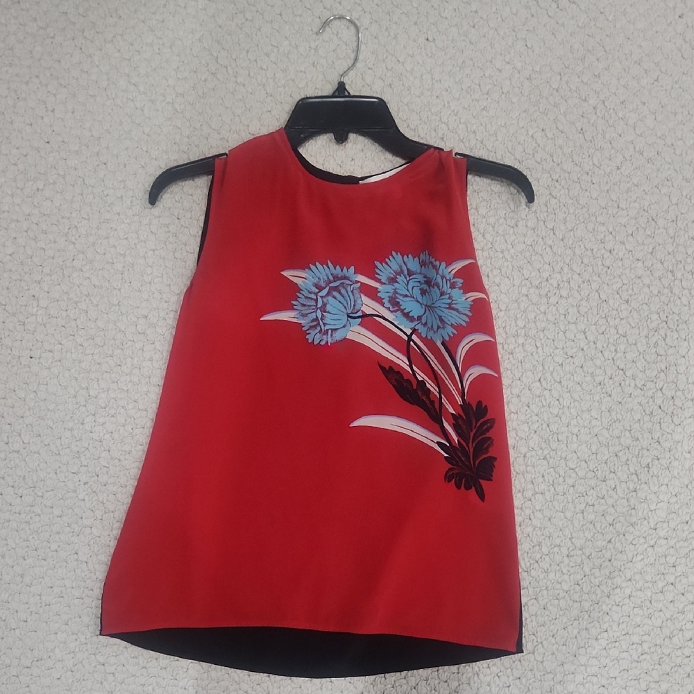 Diane Von Furstenberg Red Floral Sleeveless Blouse with Contrasting Back